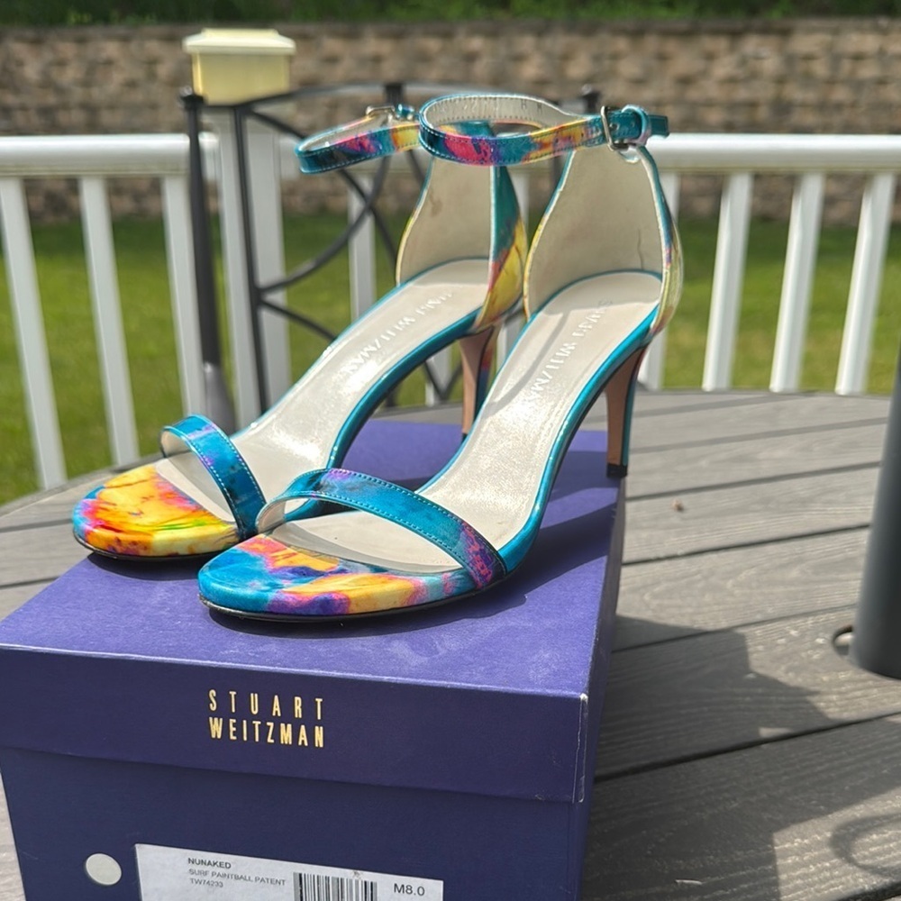 Stuart Weitzman Leather Patent Blue Yellow Pink Heeled Sandal Ankle Strap Size 8 - Picture 3 of 8